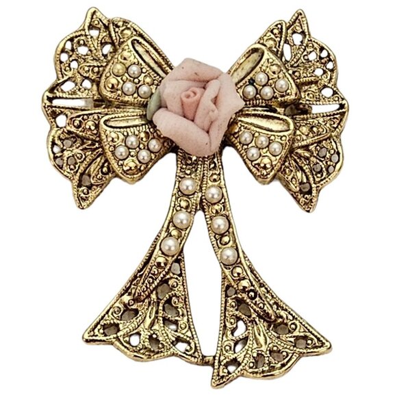 1928 Brand Gold Tone Faux Pearl Filigree Porcelain Rose Bow Brooch Pin L345 - Picture 1 of 9